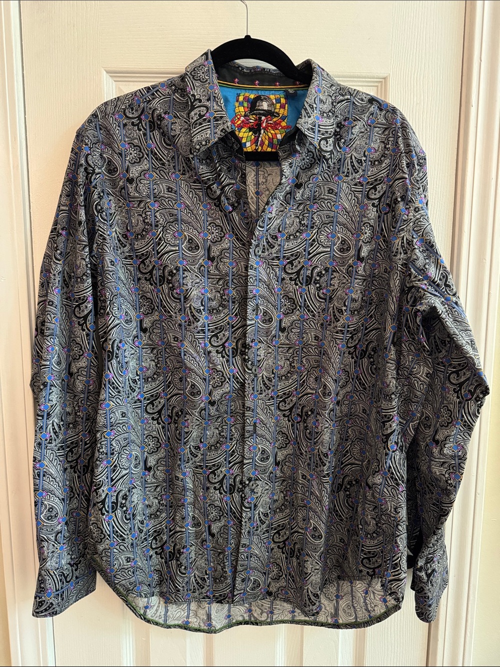 ROBERT GRAHAM Paisley Print Long Sleeve Button Down Shirt Embroidered Cuffs L